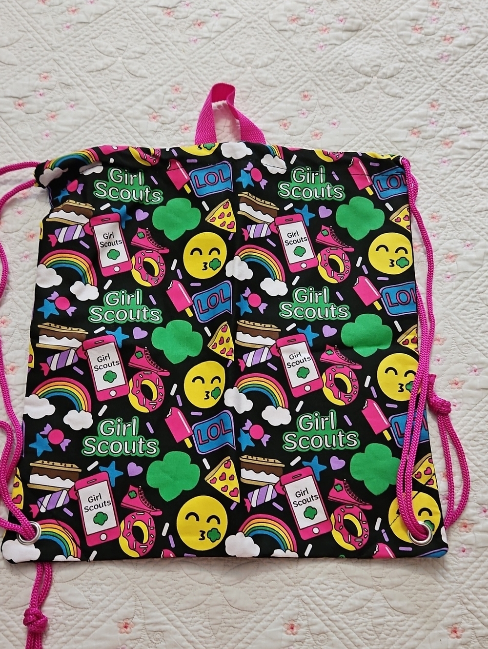 Girl Scouts Black Graphics Drawstring Tote Backpack 15"